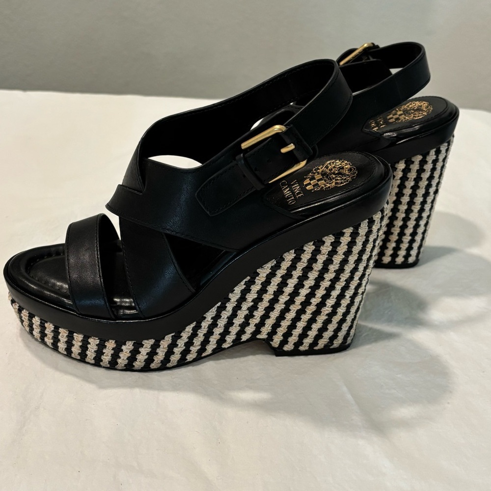 Vince Camuto Black White Tweed Checkered Platform Wedge Sandals